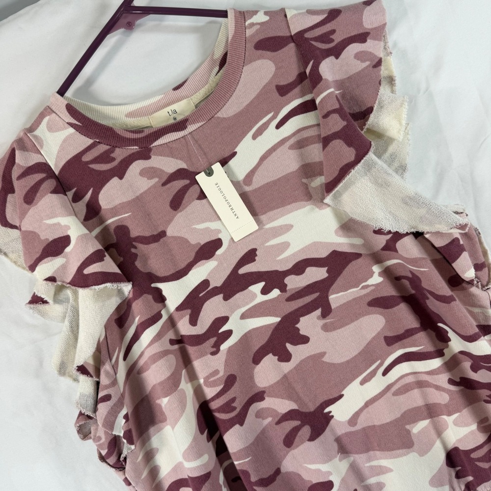 Anthropologie t.la Camo Ruffle Sleeve Sweatshirt Rose Tyrie Pink Camouflage M